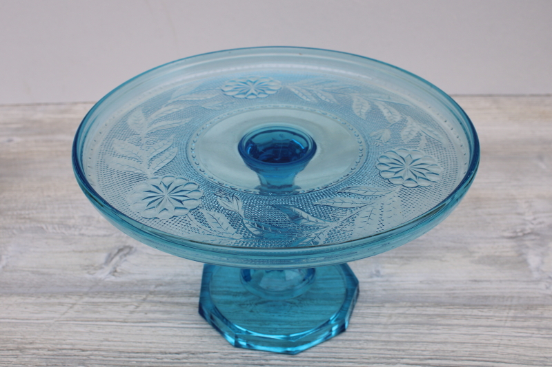 photo of rare blue EAPG glass cake stand, sandwich glass style pressed glass Dahlia pattern #3