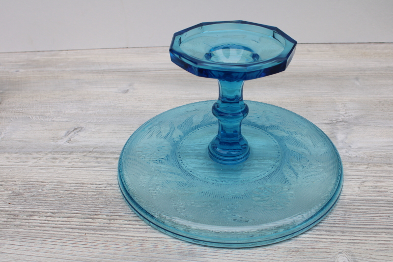 photo of rare blue EAPG glass cake stand, sandwich glass style pressed glass Dahlia pattern #4