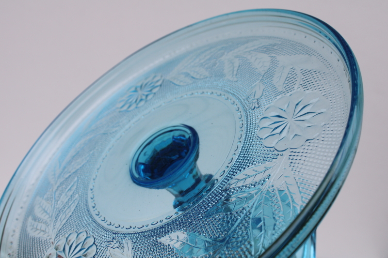 photo of rare blue EAPG glass cake stand, sandwich glass style pressed glass Dahlia pattern #5