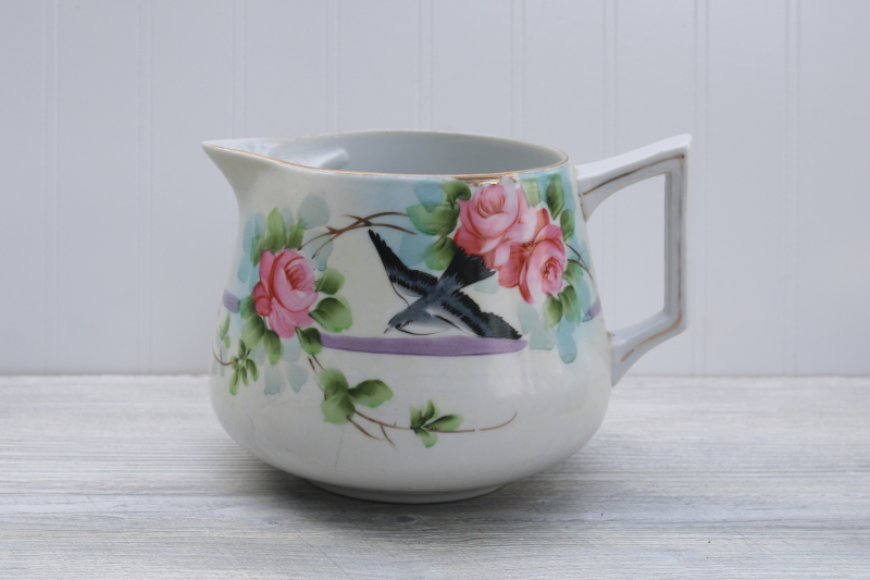 photo of rare bluebird of happiness pattern vintage hand painted Nippon china, large jug or pitcher #1