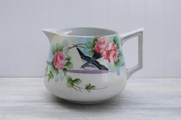 catalog photo of rare bluebird of happiness pattern vintage hand painted Nippon china, large jug or pitcher
