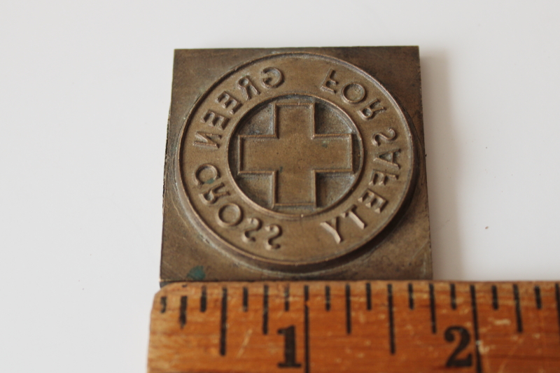 photo of rare early Green Cross For Safety emblem solid brass printing block, 1950s vintage memorabilia  #2