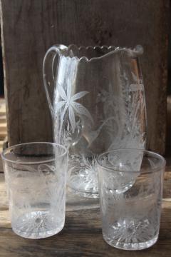 catalog photo of rare feeding swan pattern EAPG vintage glass lemonade pitcher & tumbler glasses