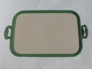 catalog photo of rare handled tray, vintage graniteware enamel in jadite/cream