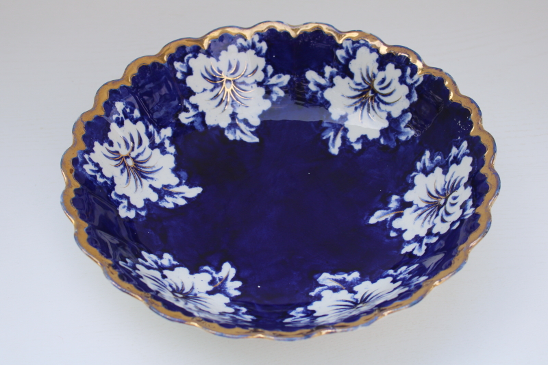 photo of rare large antique Empire china flow blue bowl, early 1900s vintage art nouveau floral #1