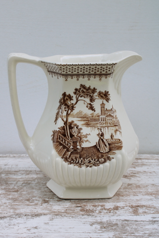 photo of rare large ironstone pitcher Du Barry French country print, vintage brown transferware Adams England  #1