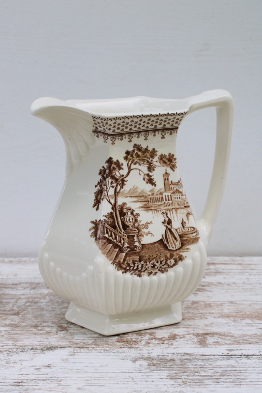 photo of rare large ironstone pitcher Du Barry French country print, vintage brown transferware Adams England  #2
