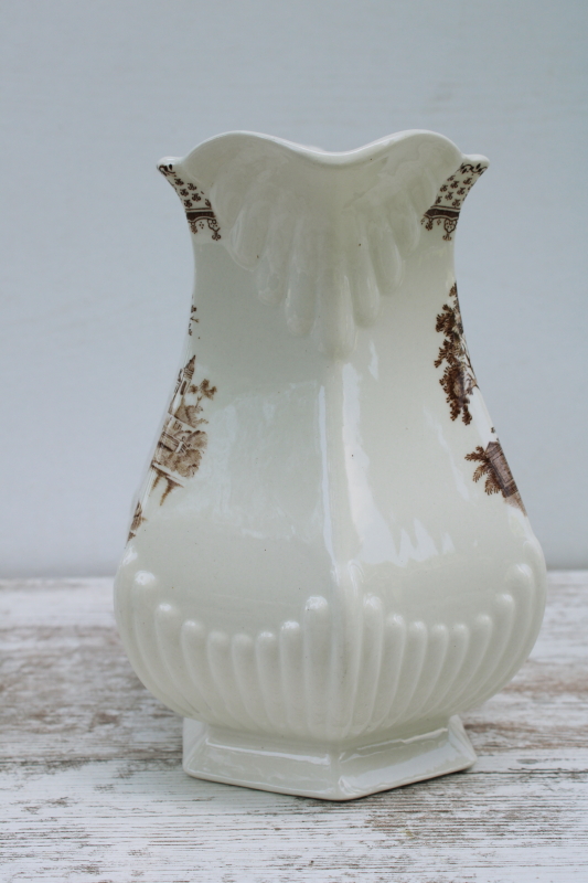 photo of rare large ironstone pitcher Du Barry French country print, vintage brown transferware Adams England  #3