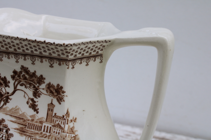 photo of rare large ironstone pitcher Du Barry French country print, vintage brown transferware Adams England  #4