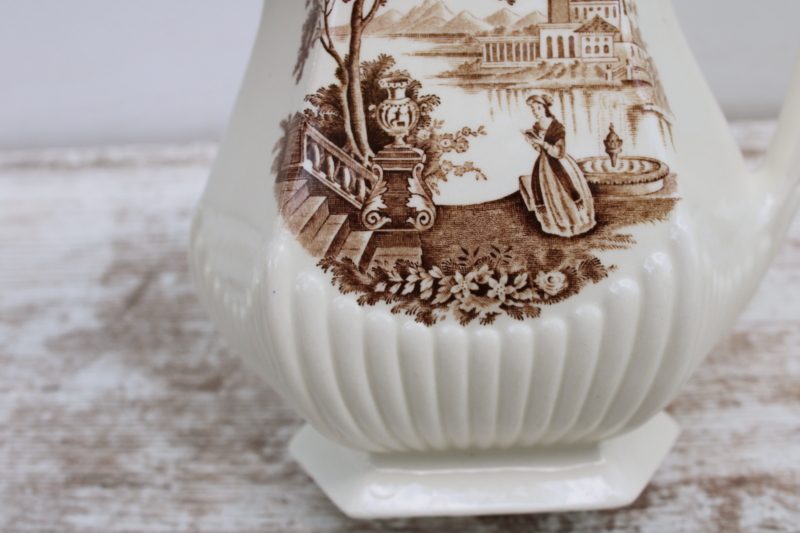 photo of rare large ironstone pitcher Du Barry French country print, vintage brown transferware Adams England  #5