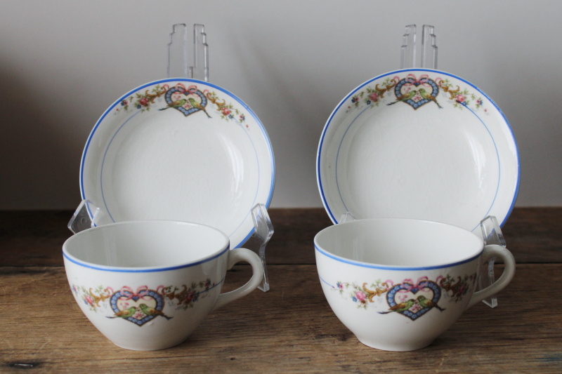 photo of rare love birds heart pattern antique Homer Laughlin china cups & bowls, green bird blue border  #1