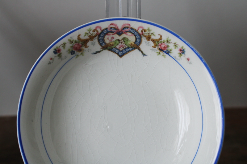 photo of rare love birds heart pattern antique Homer Laughlin china cups & bowls, green bird blue border  #2
