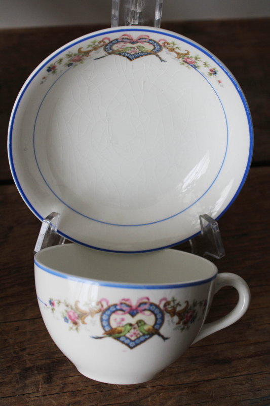 photo of rare love birds heart pattern antique Homer Laughlin china cups & bowls, green bird blue border  #3