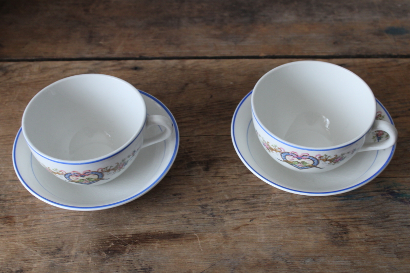 photo of rare love birds heart pattern antique Homer Laughlin china cups & bowls, green bird blue border  #6