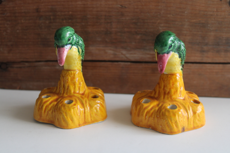 photo of rare matching pair vintage Brush McCoy pottery flower frog figurines kingfisher bird  #1