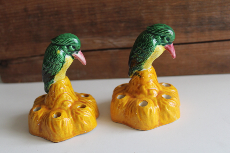 photo of rare matching pair vintage Brush McCoy pottery flower frog figurines kingfisher bird  #2