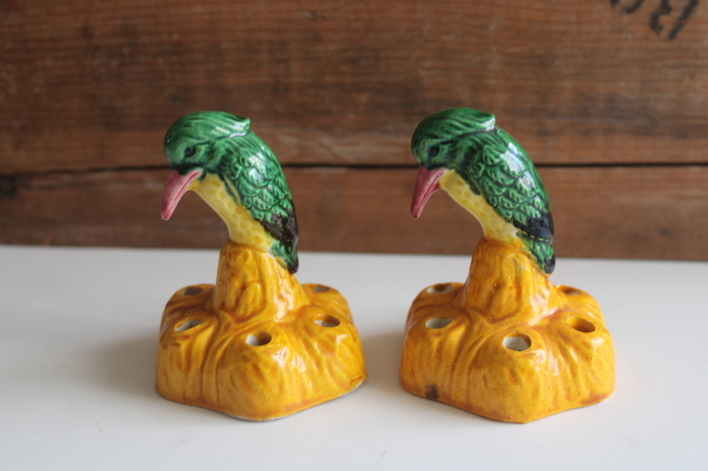 photo of rare matching pair vintage Brush McCoy pottery flower frog figurines kingfisher bird  #3