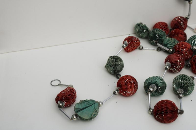 photo of rare old Christmas garland decoration, string of red & green honeycomb paper balls  #2