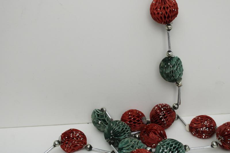 photo of rare old Christmas garland decoration, string of red & green honeycomb paper balls  #3