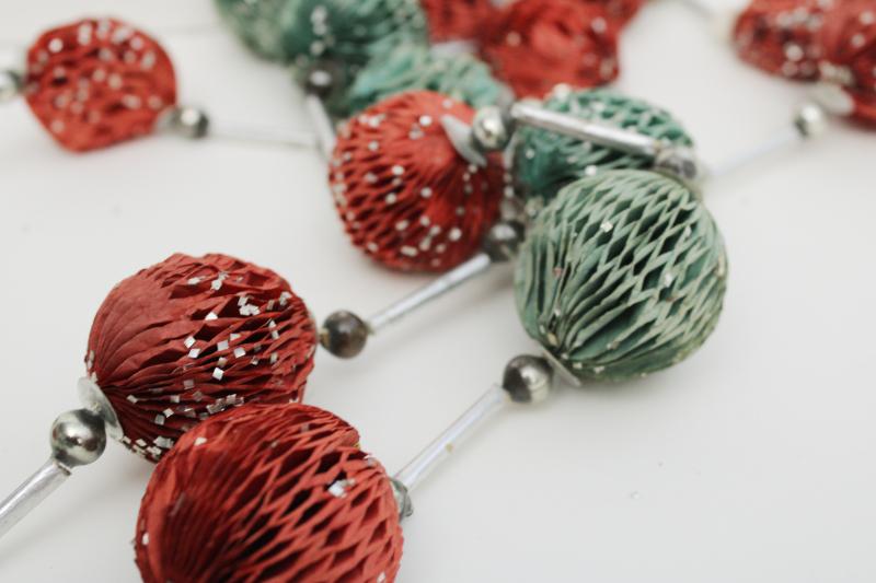 photo of rare old Christmas garland decoration, string of red & green honeycomb paper balls  #5