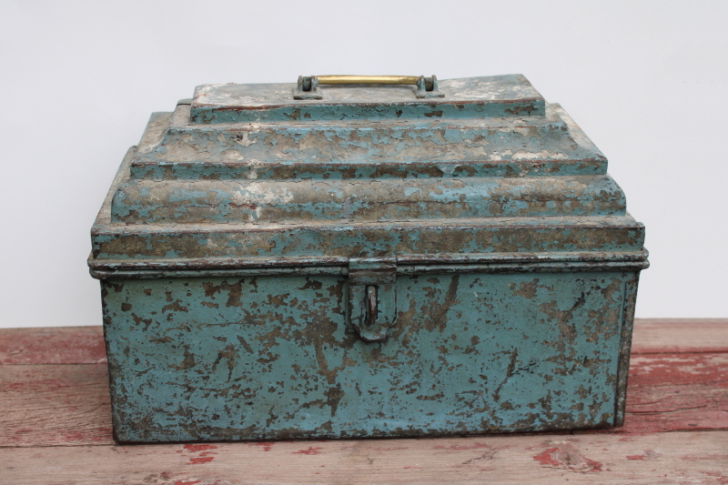 photo of rare old metal toolbox w/ stair stepped skyscraper lid, worn vintage blue paint plumber's tool box #1