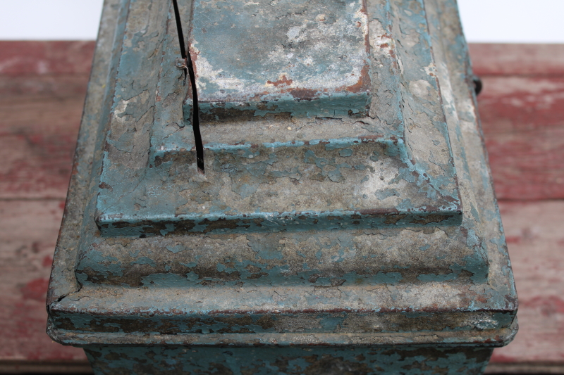 photo of rare old metal toolbox w/ stair stepped skyscraper lid, worn vintage blue paint plumber's tool box  #2