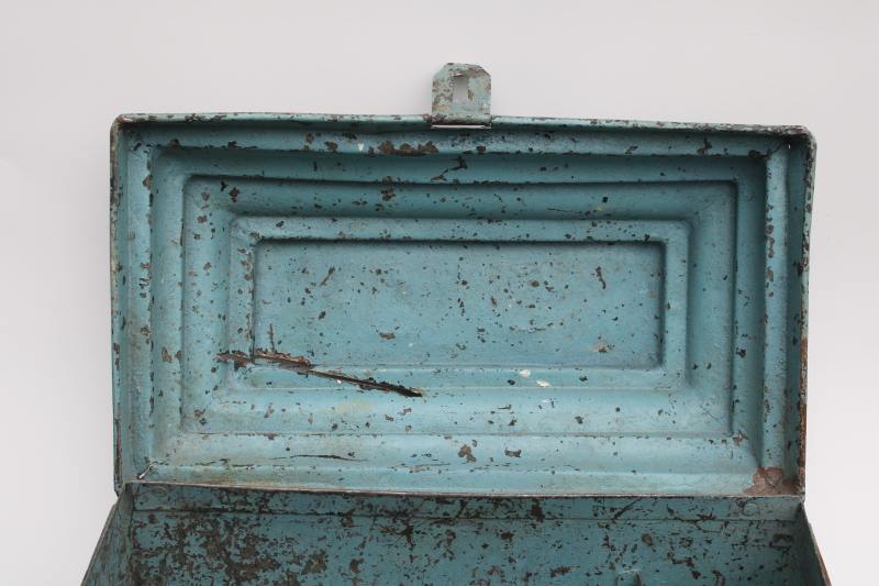 photo of rare old metal toolbox w/ stair stepped skyscraper lid, worn vintage blue paint plumber's tool box  #3