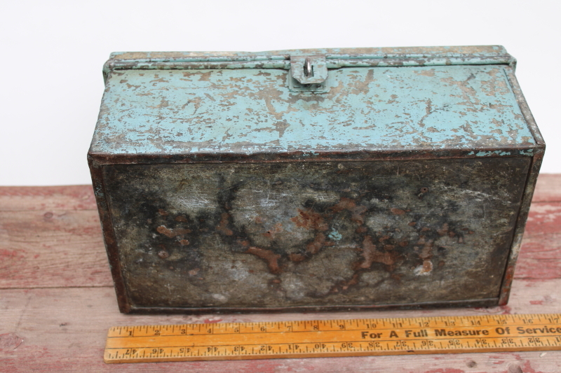photo of rare old metal toolbox w/ stair stepped skyscraper lid, worn vintage blue paint plumber's tool box  #4