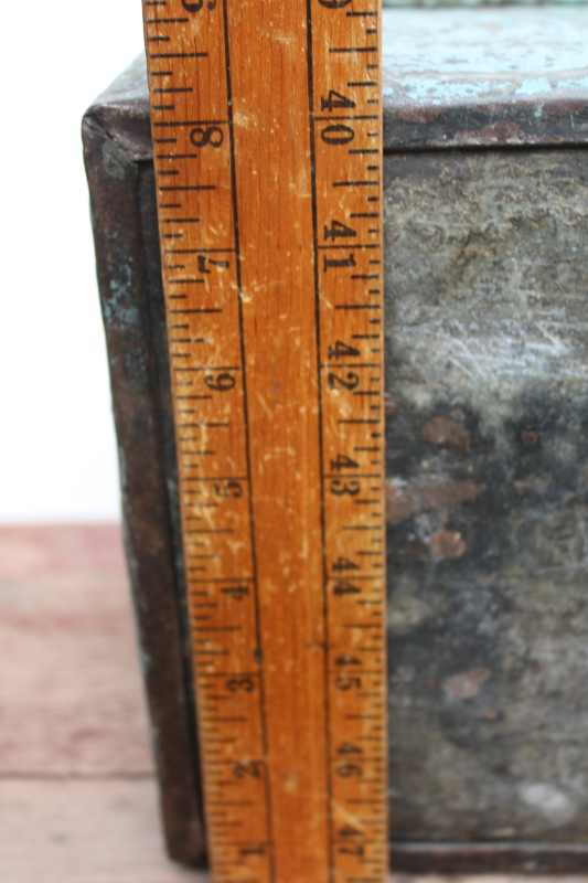 photo of rare old metal toolbox w/ stair stepped skyscraper lid, worn vintage blue paint plumber's tool box  #5