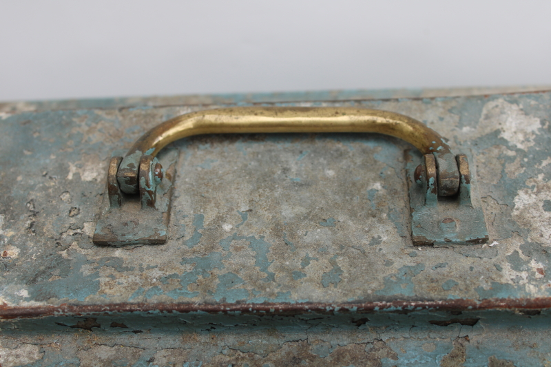 photo of rare old metal toolbox w/ stair stepped skyscraper lid, worn vintage blue paint plumber's tool box  #6