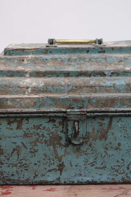 photo of rare old metal toolbox w/ stair stepped skyscraper lid, worn vintage blue paint plumber's tool box  #7