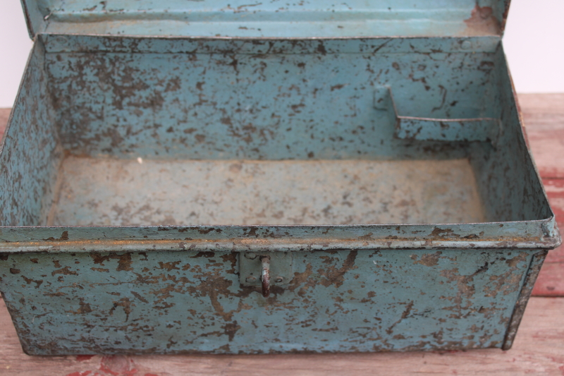 photo of rare old metal toolbox w/ stair stepped skyscraper lid, worn vintage blue paint plumber's tool box  #8