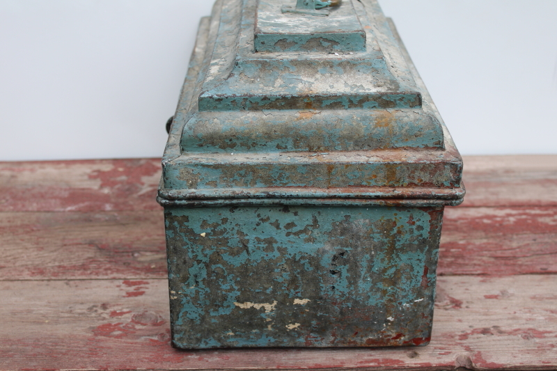 photo of rare old metal toolbox w/ stair stepped skyscraper lid, worn vintage blue paint plumber's tool box  #9