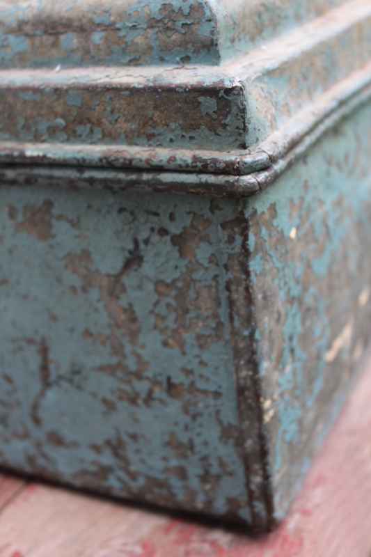 photo of rare old metal toolbox w/ stair stepped skyscraper lid, worn vintage blue paint plumber's tool box  #10