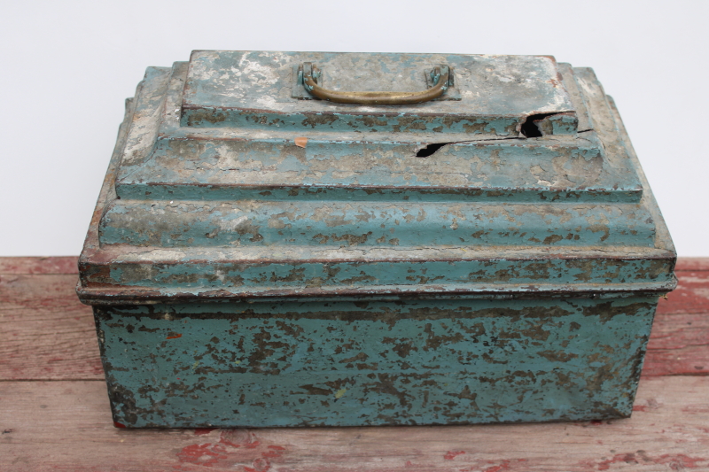 photo of rare old metal toolbox w/ stair stepped skyscraper lid, worn vintage blue paint plumber's tool box  #11
