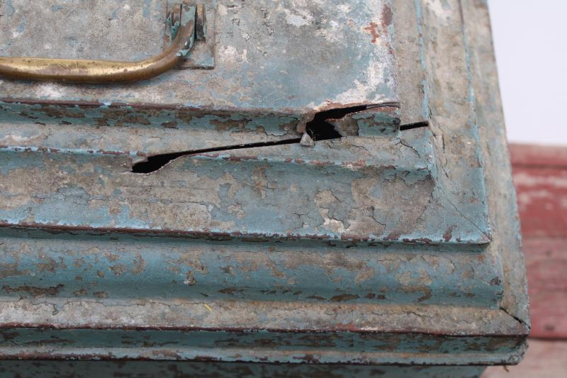 photo of rare old metal toolbox w/ stair stepped skyscraper lid, worn vintage blue paint plumber's tool box  #12