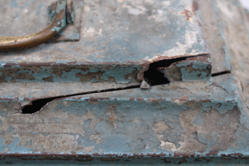 photo of rare old metal toolbox w/ stair stepped skyscraper lid, worn vintage blue paint plumber's tool box  #13