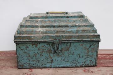 catalog photo of rare old metal toolbox w/ stair stepped skyscraper lid, worn vintage blue paint plumber's tool box 