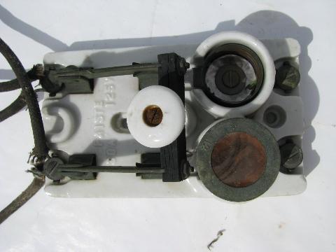 photo of rare pair of old early electric, industrial circuit breaker switches w/ mica fuse sockets & fuses, 1800s patents #2