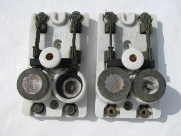 catalog photo of rare pair of old early electric porcelain architectural breaker switches w/ mica fuse sockets, 1891 patent