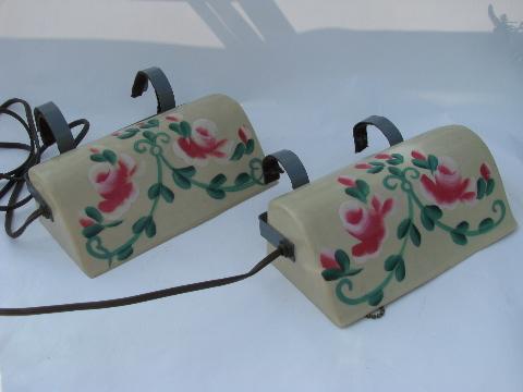 photo of rare pair vintage reading lights, plastic bed headboard lamps w/ flowers #1