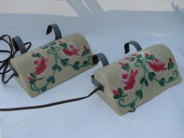 catalog photo of rare pair vintage reading lights, plastic bed headboard lamps w/ flowers