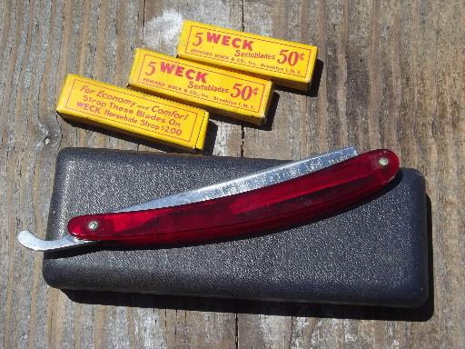 photo of rare red Weck Sextoblade vintage straight razor w/case and extra blades #1