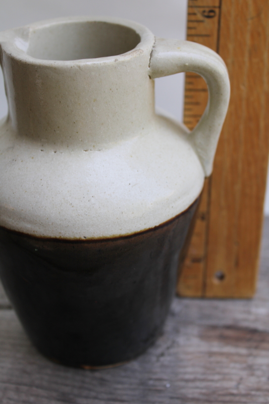 photo of rare reverse cream & brown stoneware pottery crock jug, vintage milk pitcher #4