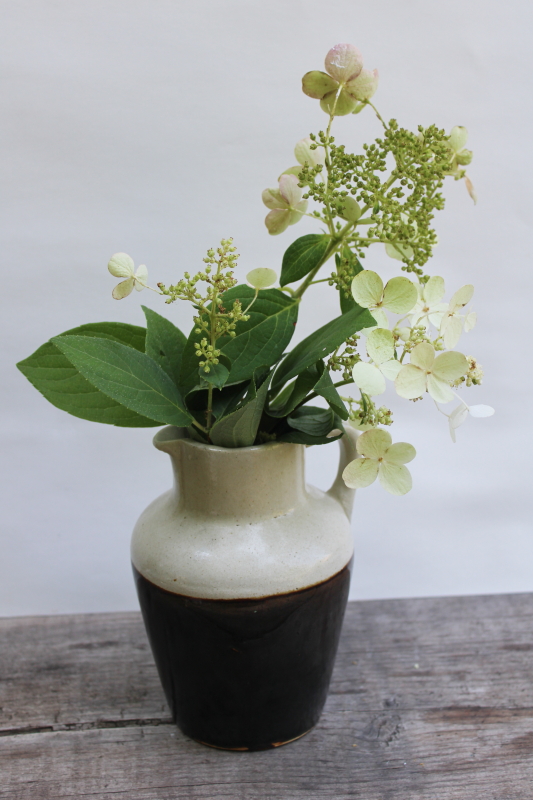 photo of rare reverse cream & brown stoneware pottery crock jug, vintage milk pitcher #5