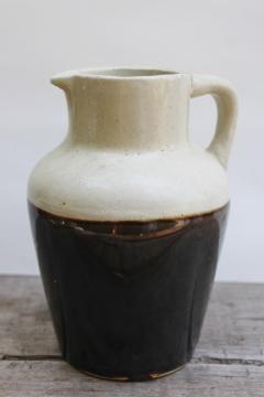 catalog photo of rare reverse cream & brown stoneware pottery crock jug, vintage milk pitcher 