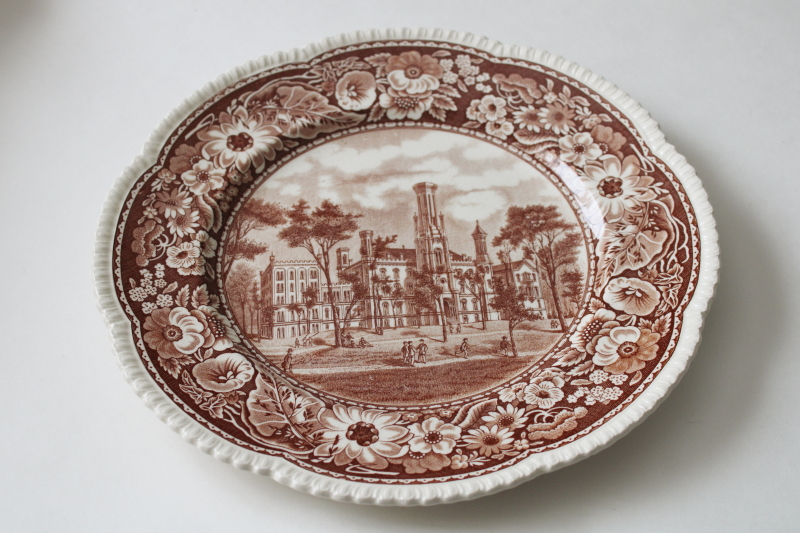 photo of rare scene of Chicago University 1857, vintage Royal Cauldon brown transferware china plate  #1