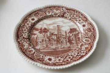 catalog photo of rare scene of Chicago University 1857, vintage Royal Cauldon brown transferware china plate 