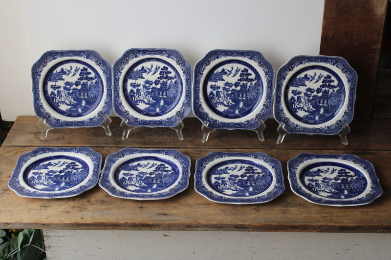 photo of rare square salad plates Johnson Bros England blue willow china, never used vintage set  #1