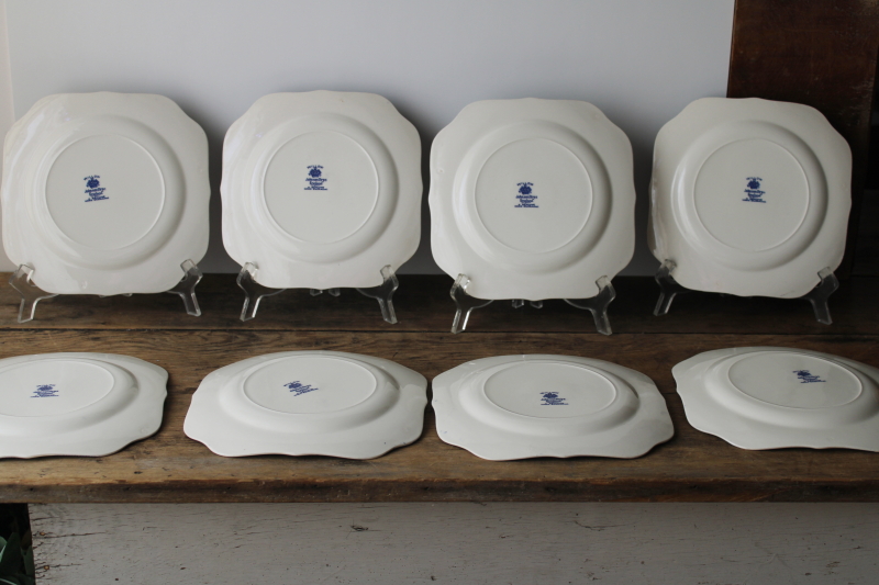 photo of rare square salad plates Johnson Bros England blue willow china, never used vintage set  #4